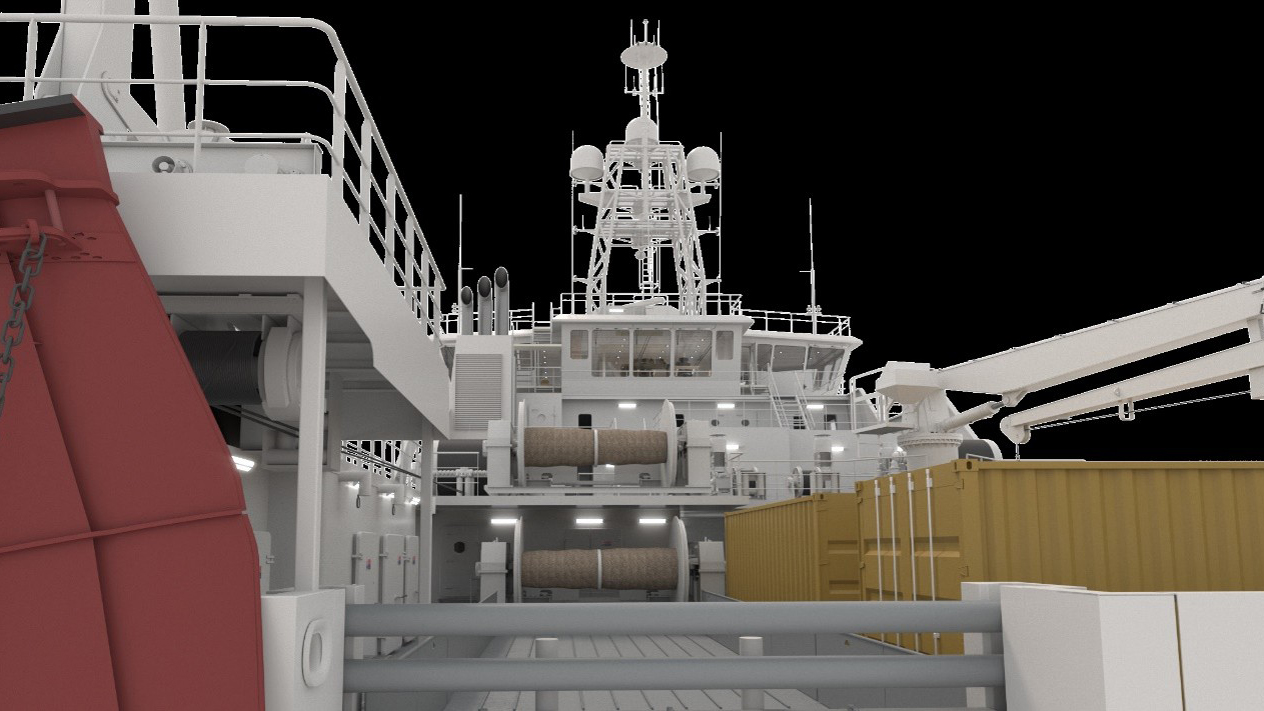 Rendering of the fishing and flex deck, for example for laboratory containers, as it may look on Dana V.